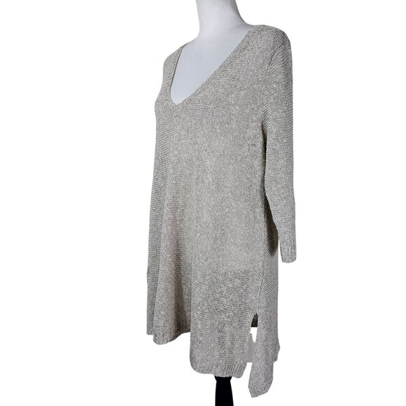 Eileen Fisher Linen Open Knit Tunic Sweater L Beige Coastal Relaxed Lagenlook - Picture 3 of 11